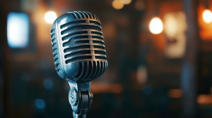 Vintage microphone on stand in dimly lit bar.