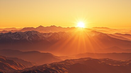 Naklejka premium Mountain sunrise, golden rays, scenic view, aerial shot, travel