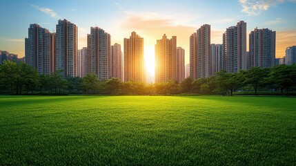 Fototapeta premium Sunset city park, green grass, urban skyline