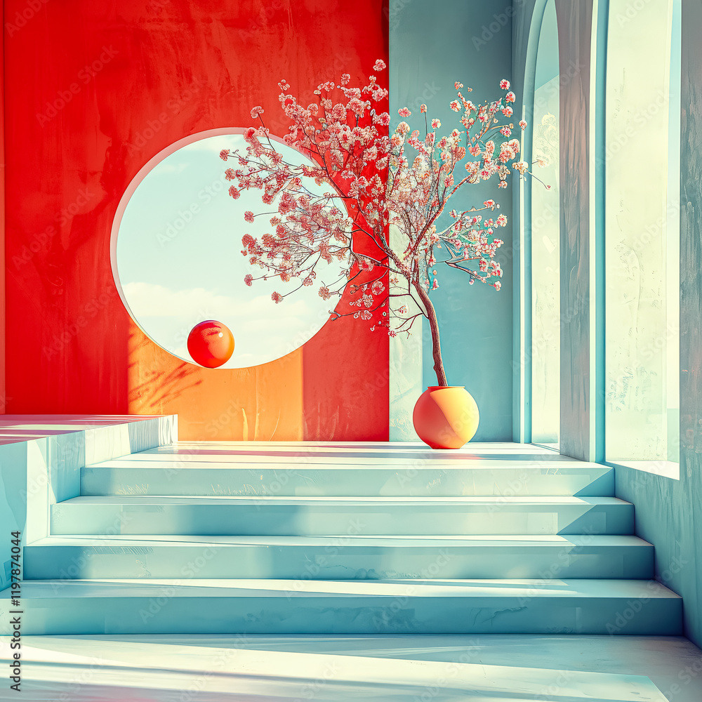 Poster tree is in a vase on a staircase in a room with a red wall. the tree is surrounded by a red circle a
