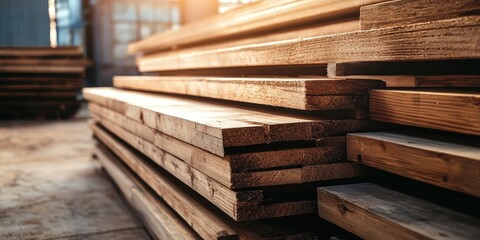 Fototapeta premium Wooden boards are organized in a systematic pile within the industrial space.