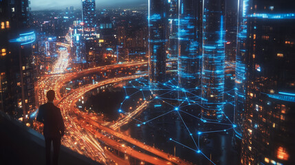 Naklejka premium Abstract business man stands on the peak of success amid tall, innovative Smart city and graphs with statistics to analyze business potential and predict future developments in company growth.