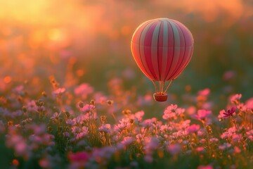 Fototapeta premium A pink hot air balloon floats serenely over a field of wildflowers bathed in the warm glow of sunset.