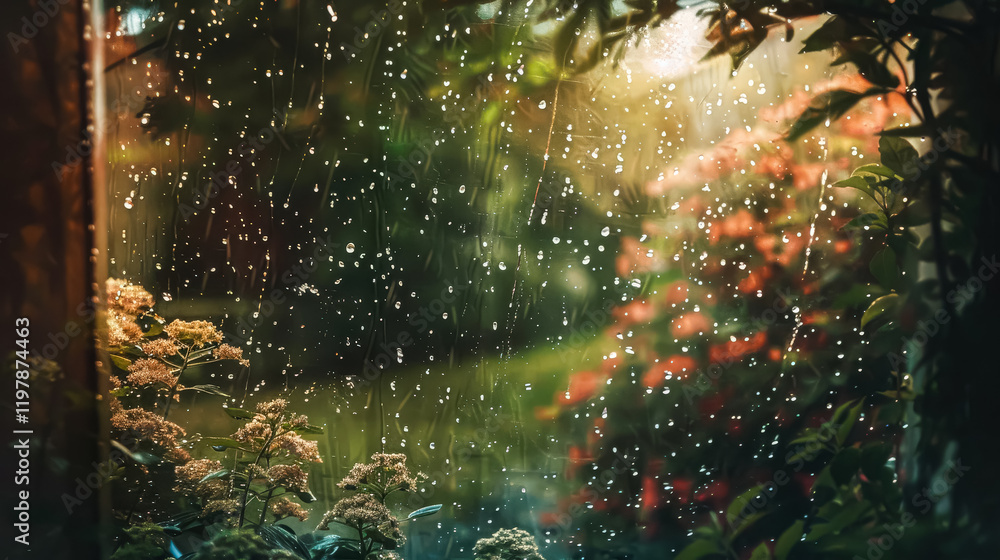 Aufkleber forest with a stream of rain falling on it. the rain is falling on the leaves of the trees and the f