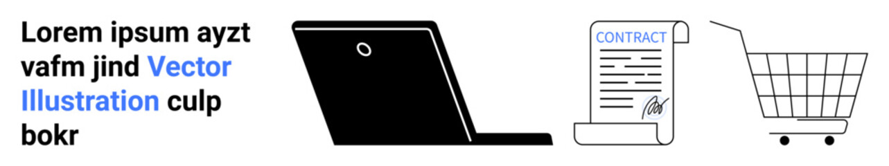 Laptop for digital transactions a signed contract and a shopping cart. Ideal for e-commerce business contracts online shopping digital transactions and business agreements. Banner for landing page