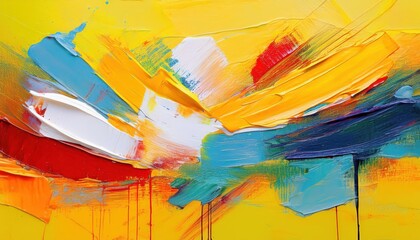 Vibrant Abstract Artwork Colorful Paint Splatters Creating Energy and Mood over a Yellow Base, Showcasing Expressive Freedom and Artistic Brilliance.