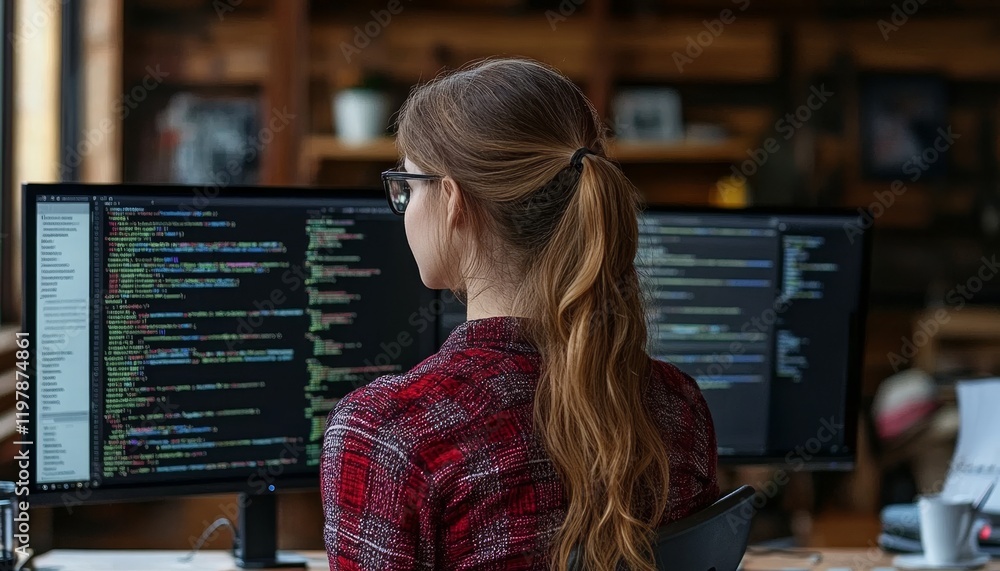 Poster female software engineer focused on coding project, working with dual monitors in modern office