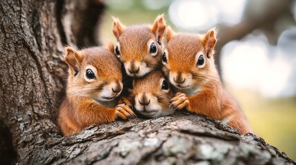 Obraz premium Four Red Squirrels Huddle Together on a Tree Branch.