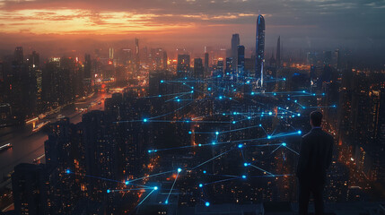 Fototapeta premium Abstract business man stands on the peak of success amid tall, innovative Smart city and graphs with statistics to analyze business potential and predict future developments in company growth.