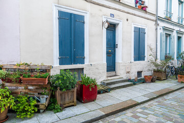 Charming street view with blue doors and flower pots in a quaint neighborhood