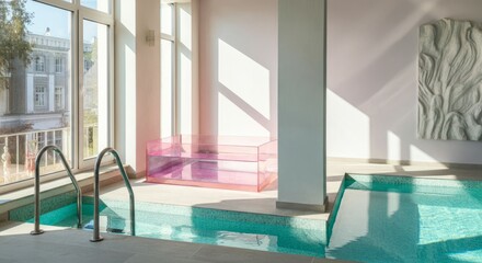 Pink pool with a white wall and a white ceiling