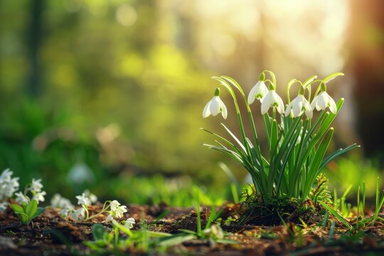 Flowers of snowdrop spring garden. Common snowdrop Galanthus nivalis flowers in natural green background. Professional photo