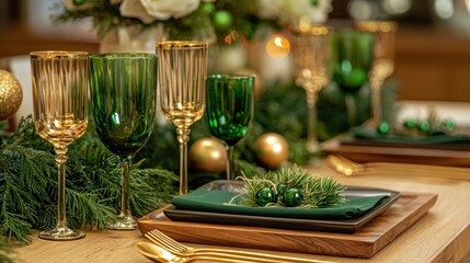 a table with green and gold decorations