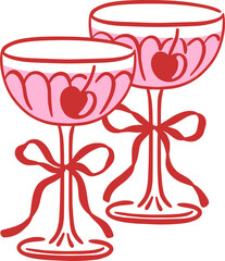 Vector illustration of two champagne glasses with cherries and ribbon bows, ideal for romantic celebration, wedding, Valentine's Day. Hand-drawn cocktail saucers