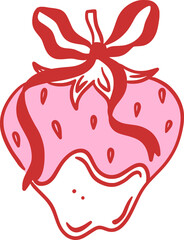Strawberry dipped in chocolate with pink frosting and red ribbon bow. Hand drawn vector illustration of delicious fruit. Love, sweetness, and Valentine's Day design.