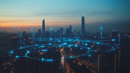 Abstract business man stands on the peak of success amid tall, innovative Smart city and graphs with statistics to analyze business potential and predict future developments in company growth.