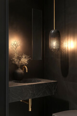 Vertical view of a chic modern black bathroom with a statement marble sink, brass accents, and a unique hanging pendant light.