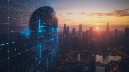 Abstract business man stands on the peak of success amid tall, innovative Smart city and graphs with statistics to analyze business potential and predict future developments in company growth.