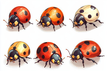 Six ladybugs in various colors and poses.