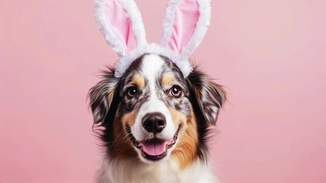 Australian shepherd dog wearing bunny ears on pink background. Easter and pets content