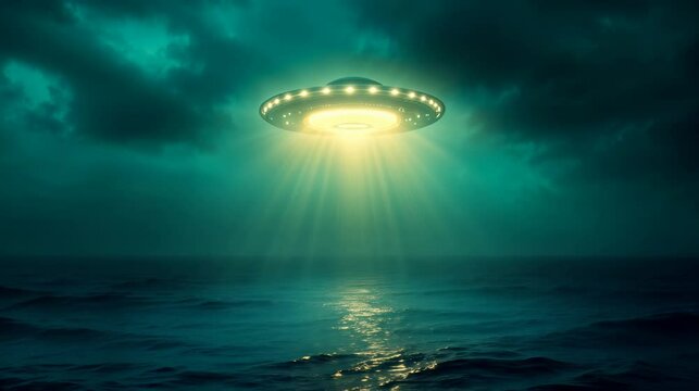 Unidentified flying object with glowing lights above ocean waves at night. Science fiction and supernatural content
