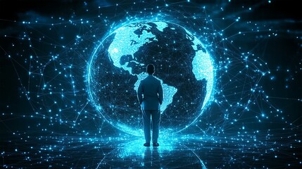 A man in a suit stands in front of a glowing blue globe, surrounded by intricate networks of lines and dots.