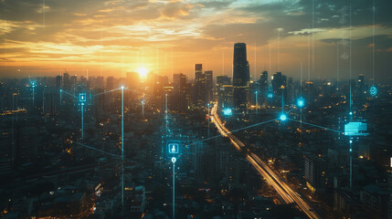 Fototapeta premium Abstract business man stands on the peak of success amid tall, innovative Smart city and graphs with statistics to analyze business potential and predict future developments in company growth.