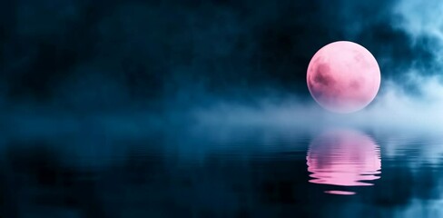 Pink full moon with reflection on water surface through turquoise clouds. Nature and celestial content