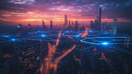 Fototapeta premium Abstract business man stands on the peak of success amid tall, innovative Smart city and graphs with statistics to analyze business potential and predict future developments in company growth.