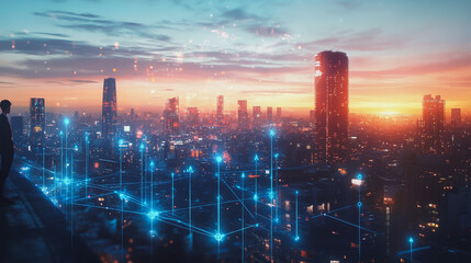 Fototapeta premium Abstract business man stands on the peak of success amid tall, innovative Smart city and graphs with statistics to analyze business potential and predict future developments in company growth.