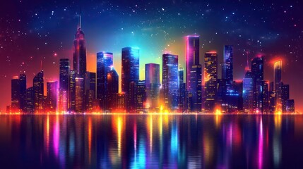 Vibrant cityscape at night, reflecting in calm water under a starry sky.