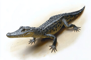 Obraz premium Young alligator on sandy ground, detailed illustration.
