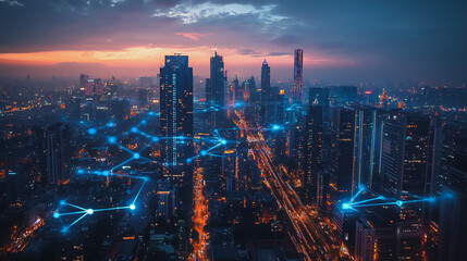 Fototapeta premium Abstract business man stands on the peak of success amid tall, innovative Smart city and graphs with statistics to analyze business potential and predict future developments in company growth.