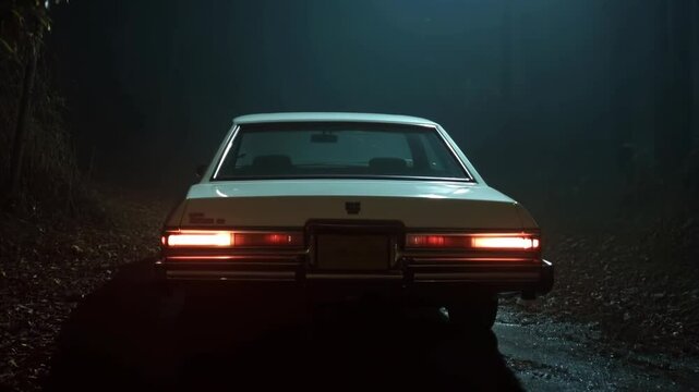 Vintage car taillights glowing on wet forest road at night. Mystery and crime content