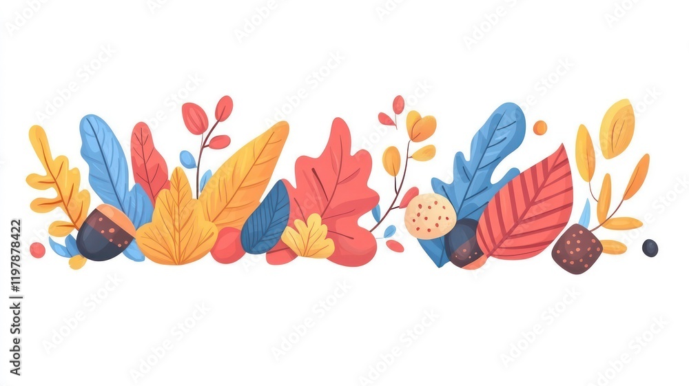 Poster autumn leaves and acorns horizontal border design element.