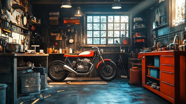 A red and white motorcycle parked in a cluttered garage with tools scattered around.