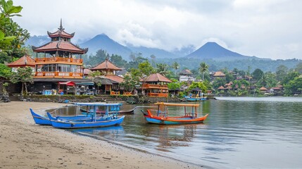 Fototapeta premium Lakeside village, boats, volcanic mountains, tourism, Bali