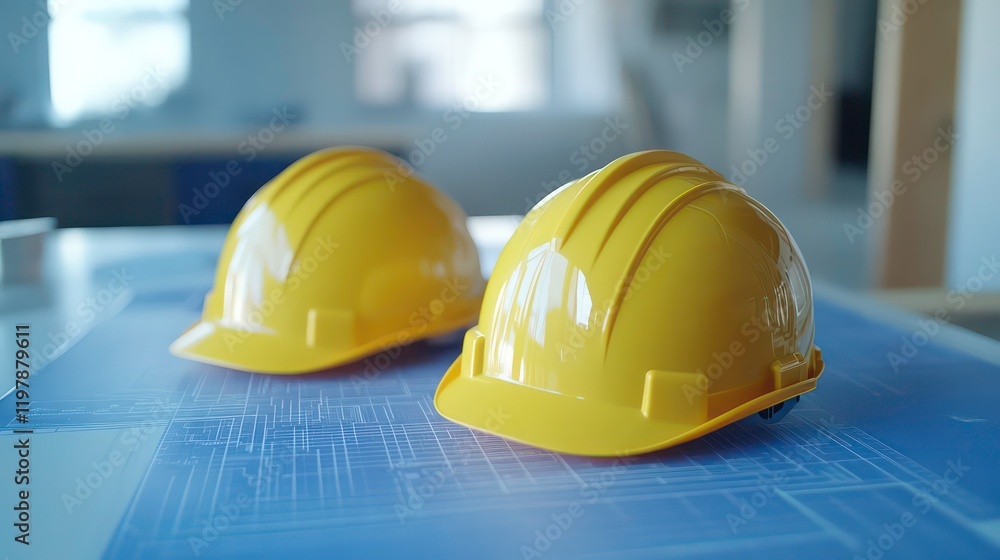 Poster Two yellow hard hats rest on blueprints on a table in an office.