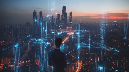 Abstract business man stands on the peak of success amid tall, innovative Smart city and graphs with statistics to analyze business potential and predict future developments in company growth.