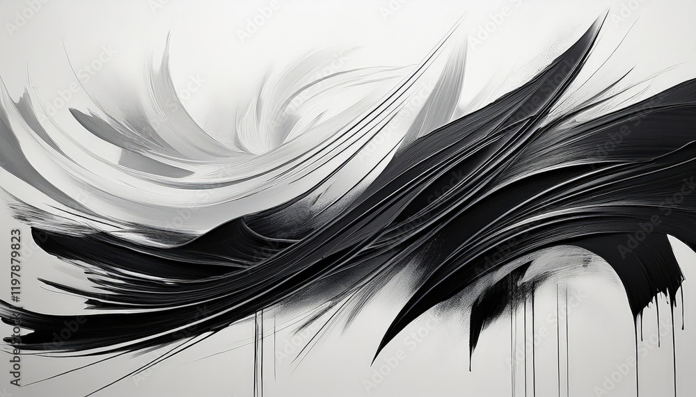 Poster stark contrast monochromatic black and white paint strokes creating abstract patterns on a bold whit