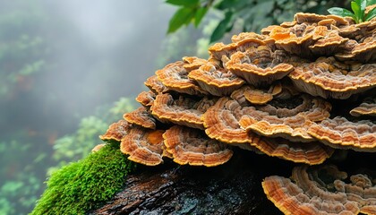 Cluster of Shelf Mushrooms Growing on Mossy Log in Forest