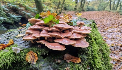 Cluster of Pink Mushrooms Growing on Mossy Log in Autumn Forest
