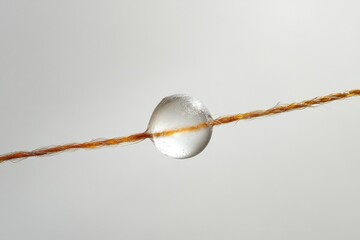 A transparent spherical droplet suspended on a thin, brown thread against a light gray background.