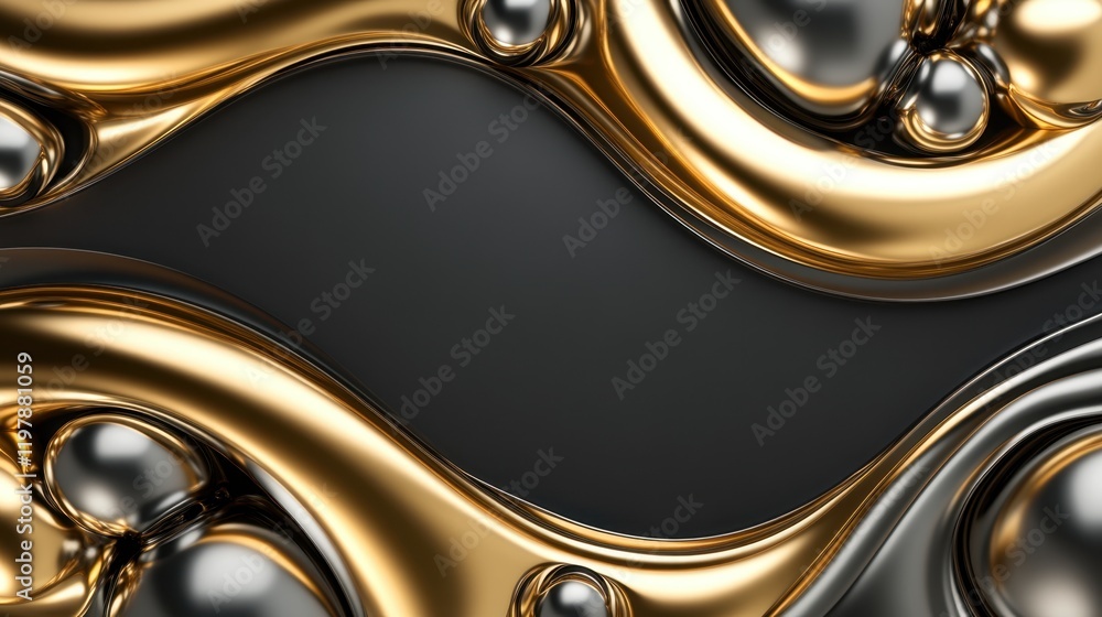 Poster interplay of fluid gold and silver forms, creating a dynamic and luxurious abstract backdrop