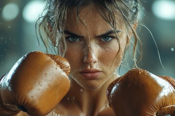 Female boxer delivers powerful punch during intense sparring session. Generative AI