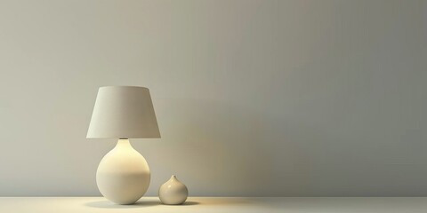 A minimalist lamp and decorative object on a simple surface against a plain wall.