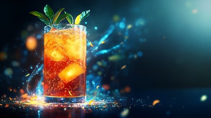 A glowing iced tea with luminous tea leaves swirling inside a futuristic glass 