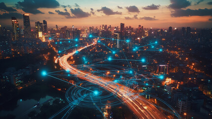 Abstract business man stands on the peak of success amid tall, innovative Smart city and graphs with statistics to analyze business potential and predict future developments in company growth.