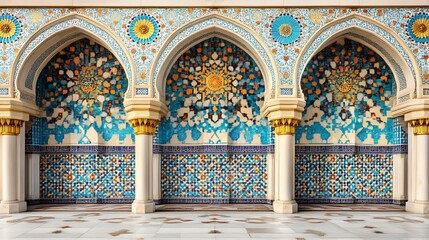 Ornate mosaic arches and columns adorn a beautiful building
