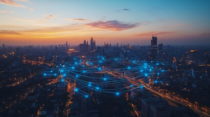 Obraz premium Abstract business man stands on the peak of success amid tall, innovative Smart city and graphs with statistics to analyze business potential and predict future developments in company growth.